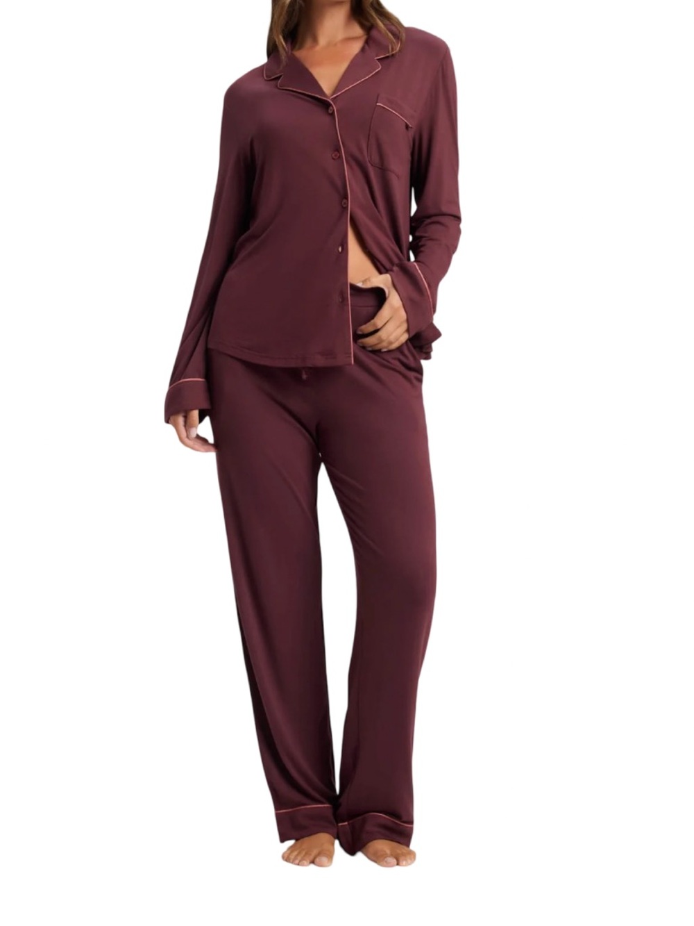 Cozy Earth NWT Bamboo Stretch-Knit Classic Long Sleeve PJ Set Burgundy Size M